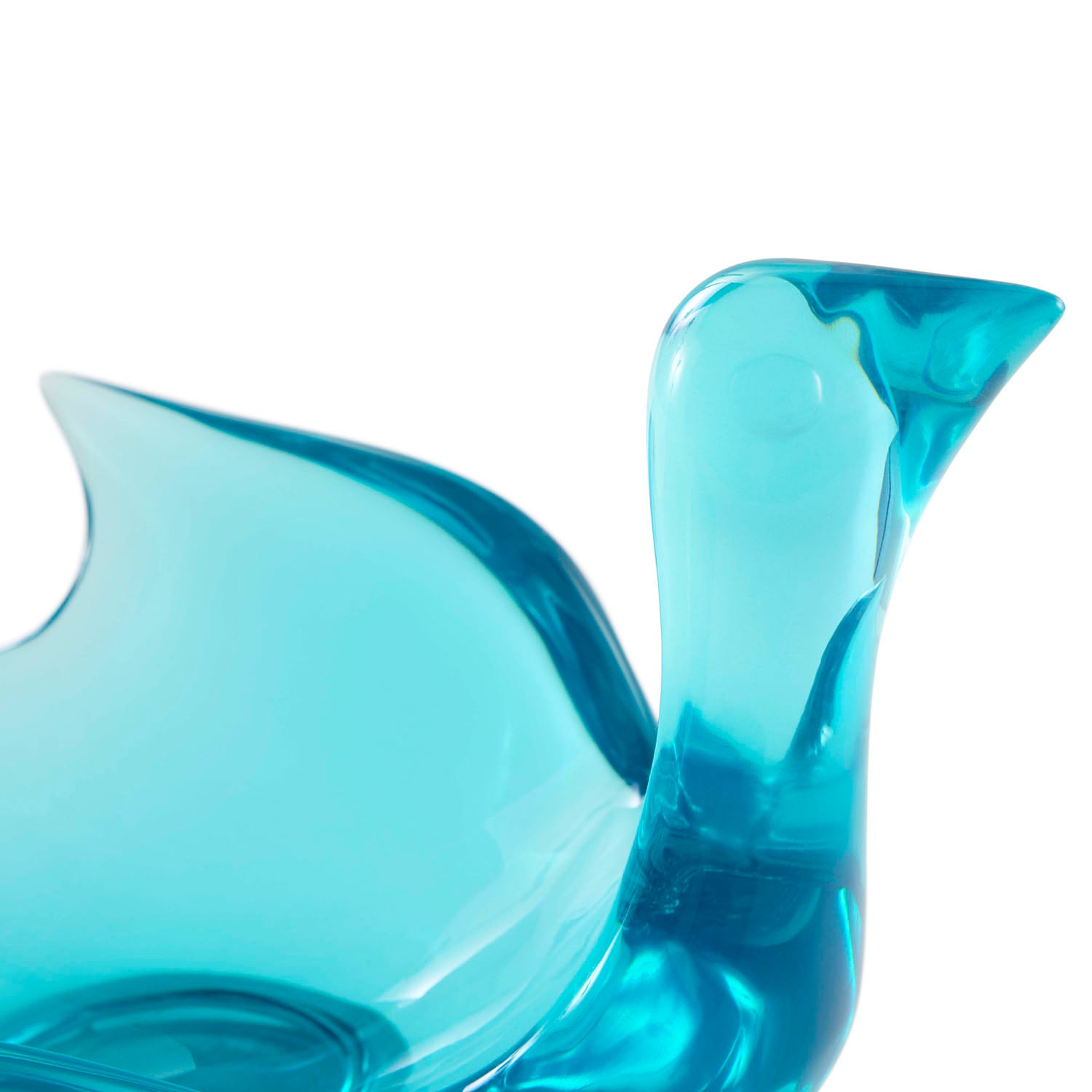 Jonathan Adler Acrylic Bird Pedestal Bowl in solid turquoise acrylic shown to scale in a styled setting