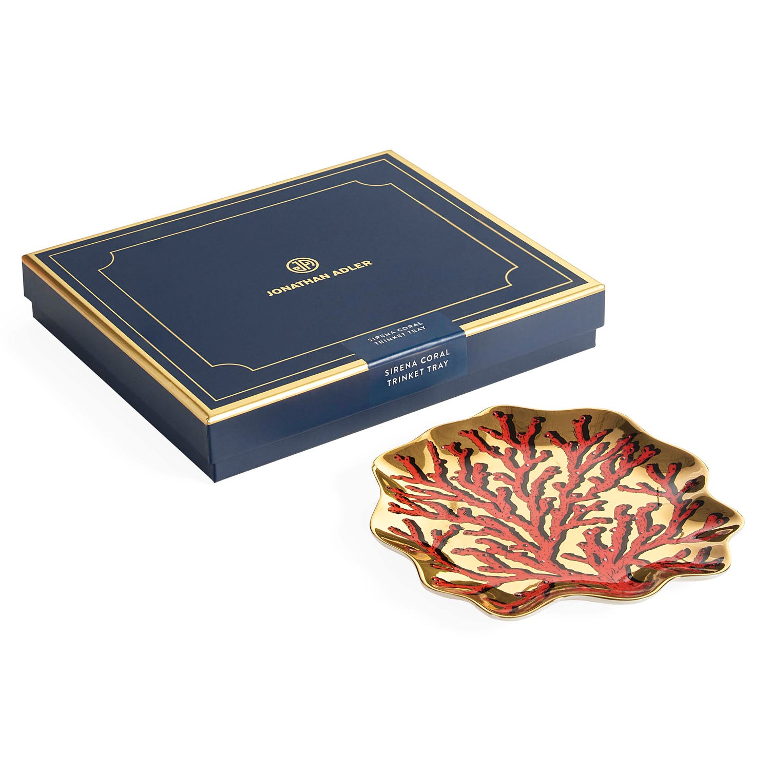 Jonathan Adler The Sirena Coral trinket tray in gold-accented porcelain styled in a room