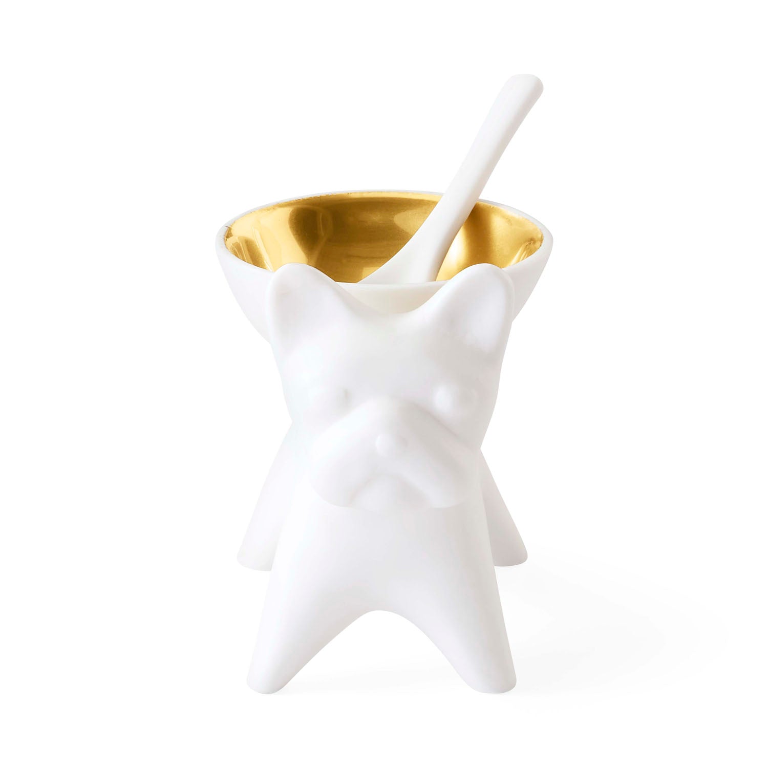 Jonathan Adler French Bulldog Cellar with matte porcelain spoon