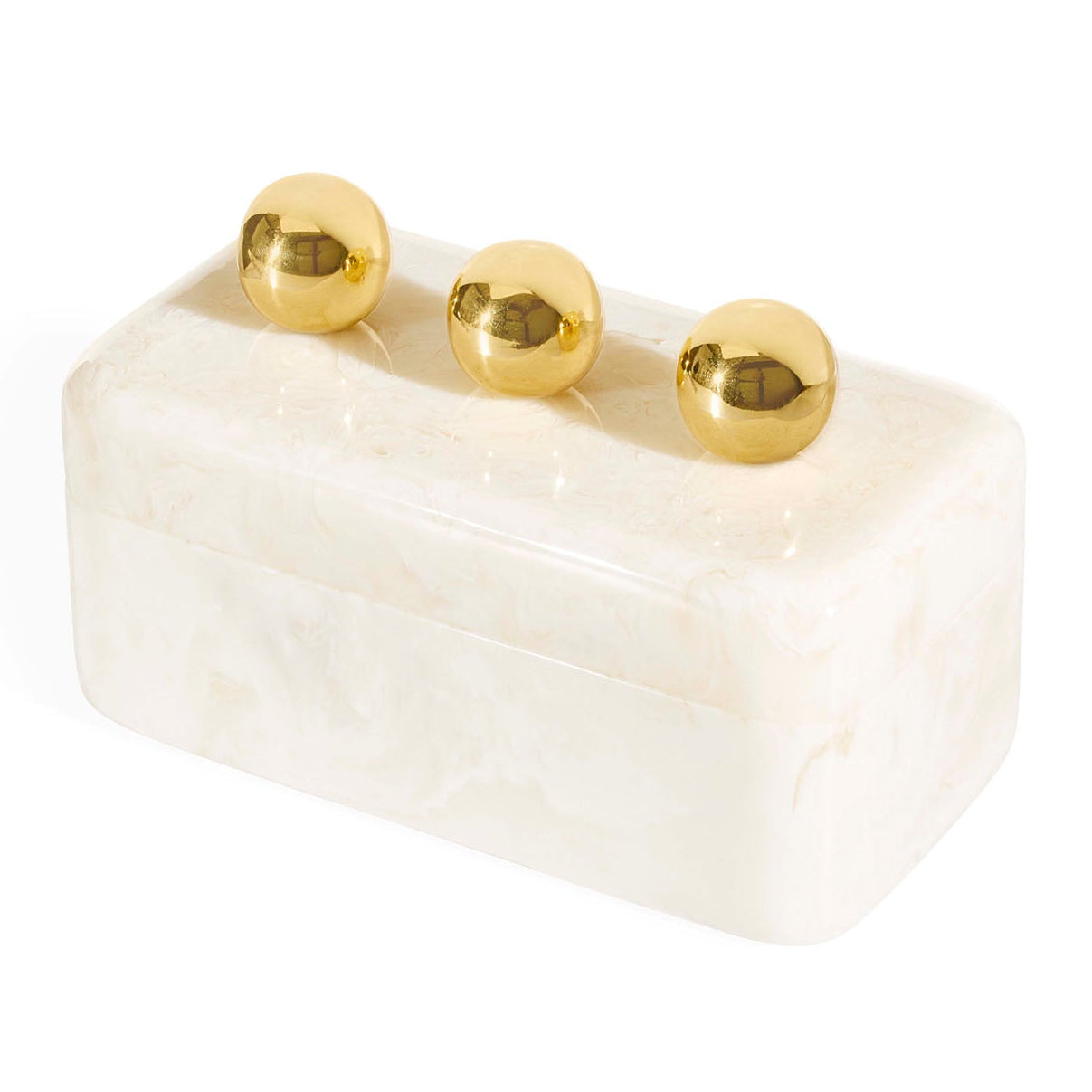 Jonathan Adler Fontana Box in white marbleized acrylic with brass handles styled in a room