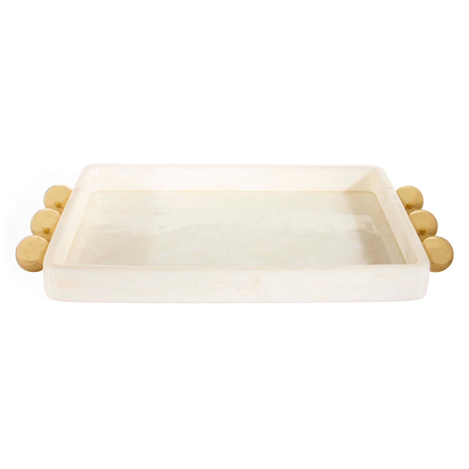 Jonathan Adler Fontana Tray in white marbleized acrylic with brass handles styled in a room