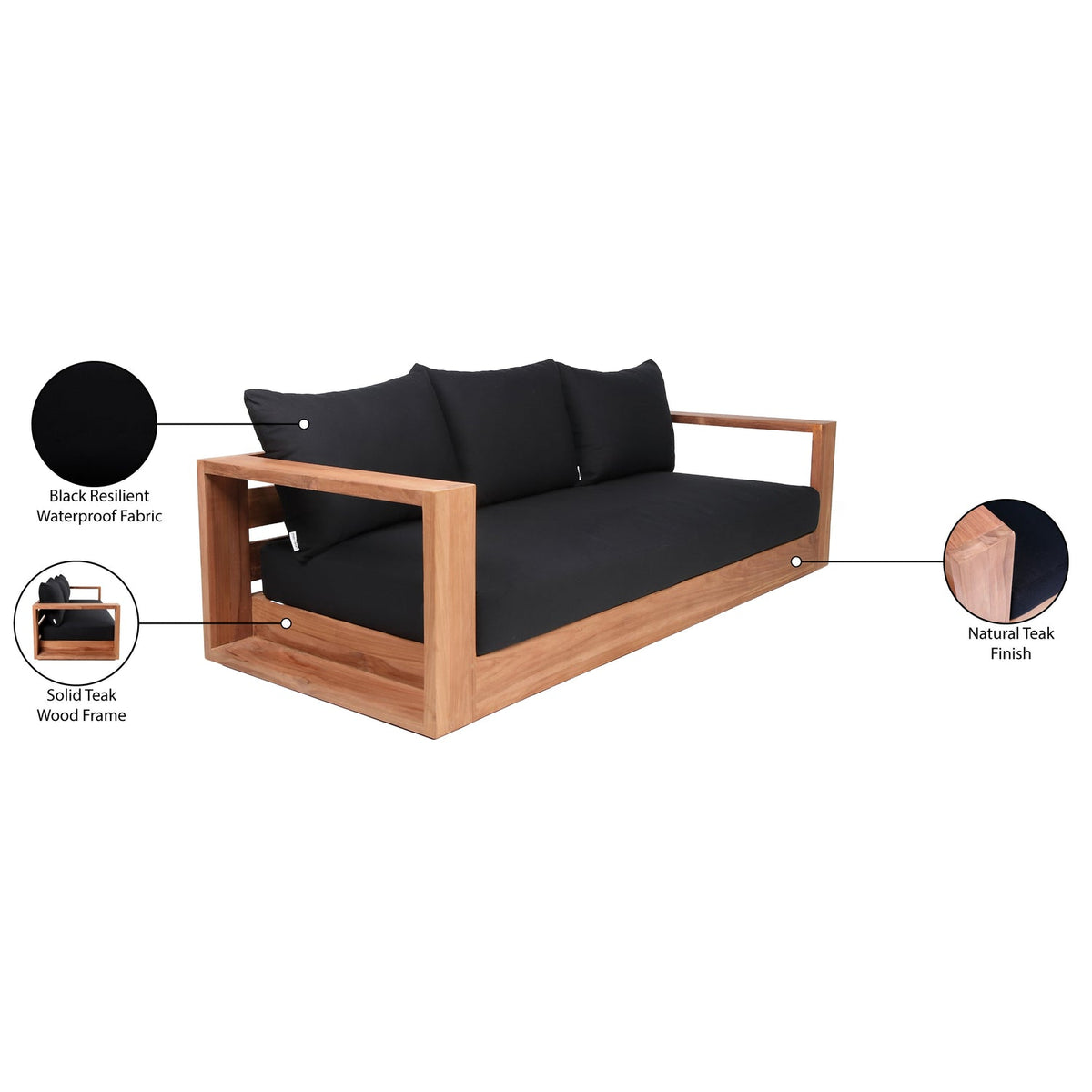 Tulum 87in Black Water Resistant Fabric Upholstered Outdoor Patio Sofa