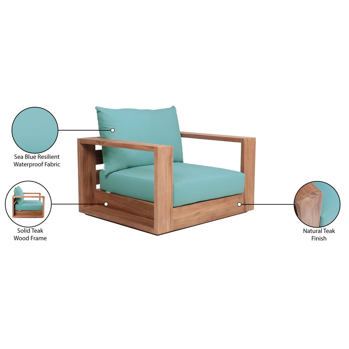 Tulum Blue Water Resistant Fabric Upholstered Outdoor Patio Accent Chair