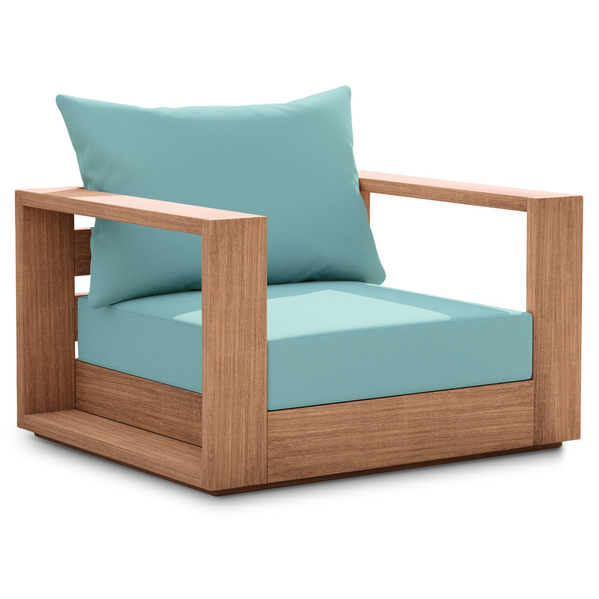 Tulum Blue Water Resistant Fabric Upholstered Outdoor Patio Accent Chair in blue fabric on teak, primary product view