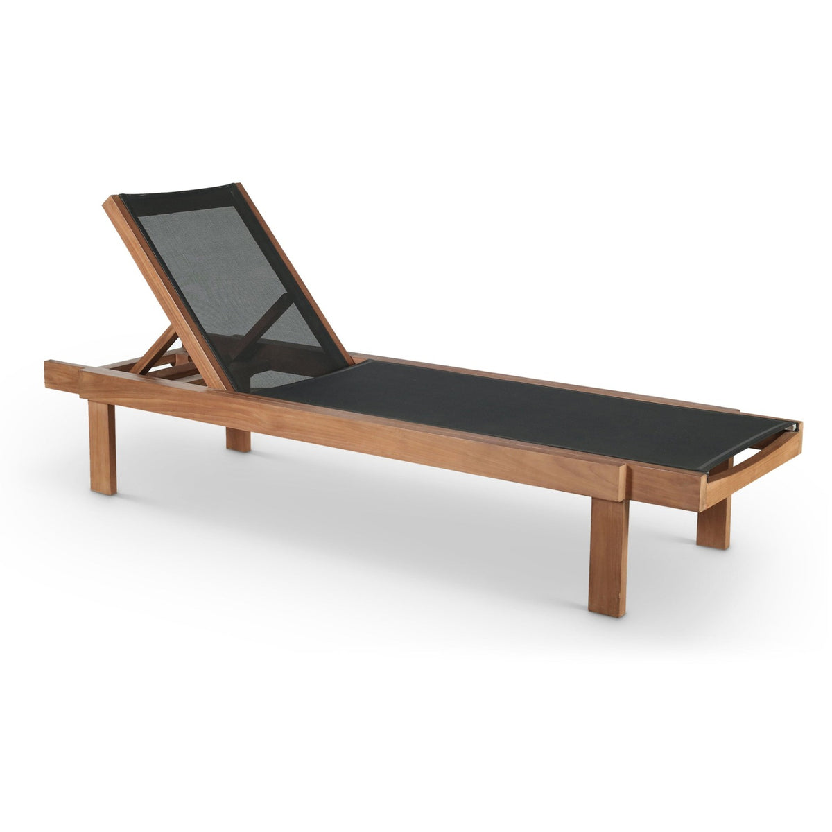 Tulum Black Adjustable Mesh Water Resistant Fabric Outdoor Patio Chaise Lounge in black mesh on teak, primary product view