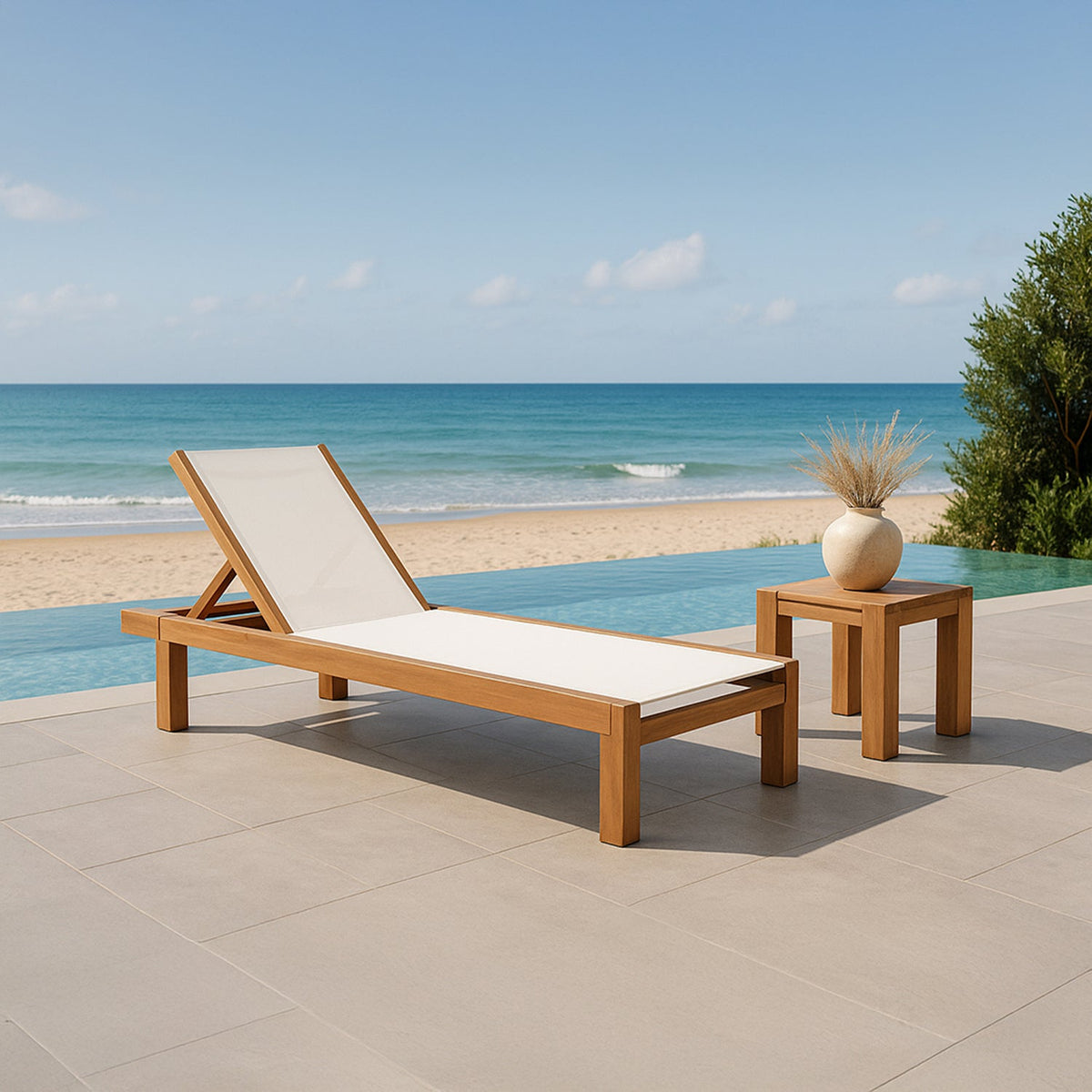 Tulum Off White Adjustable Mesh Water Resistant Fabric Outdoor Patio Chaise Lounge