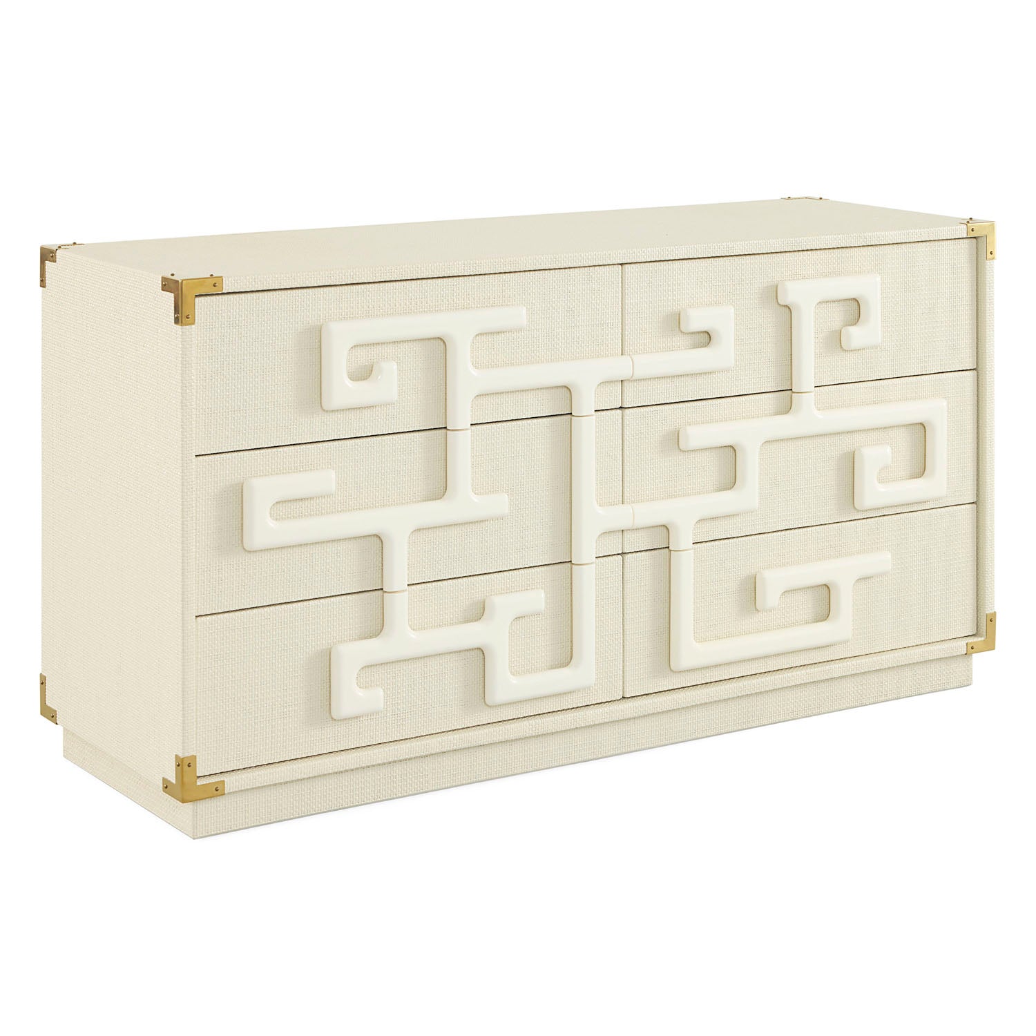 Close-up of white lacquered organic drawer pull on Trousdale dresser