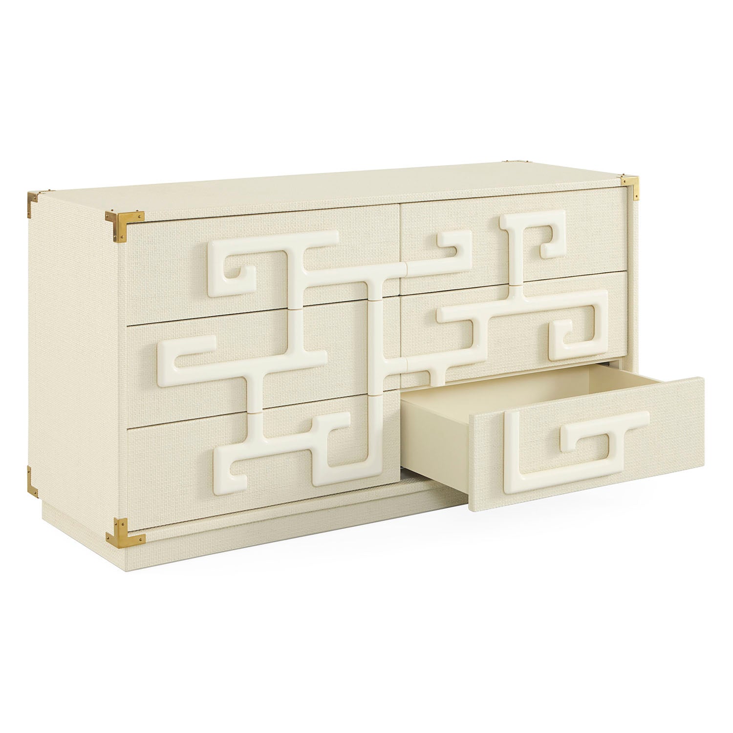 Detail of honed brass campaign corner on Trousdale dresser