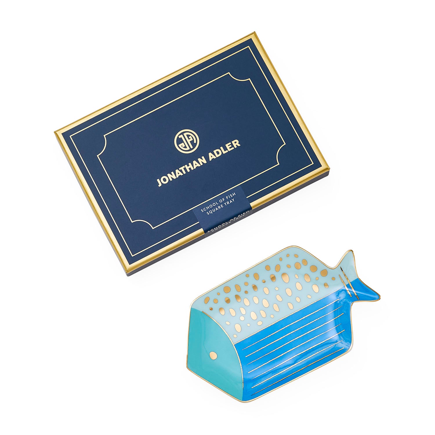 Jonathan Adler The School of Fish square tray in blue and gold porcelain styled in a room