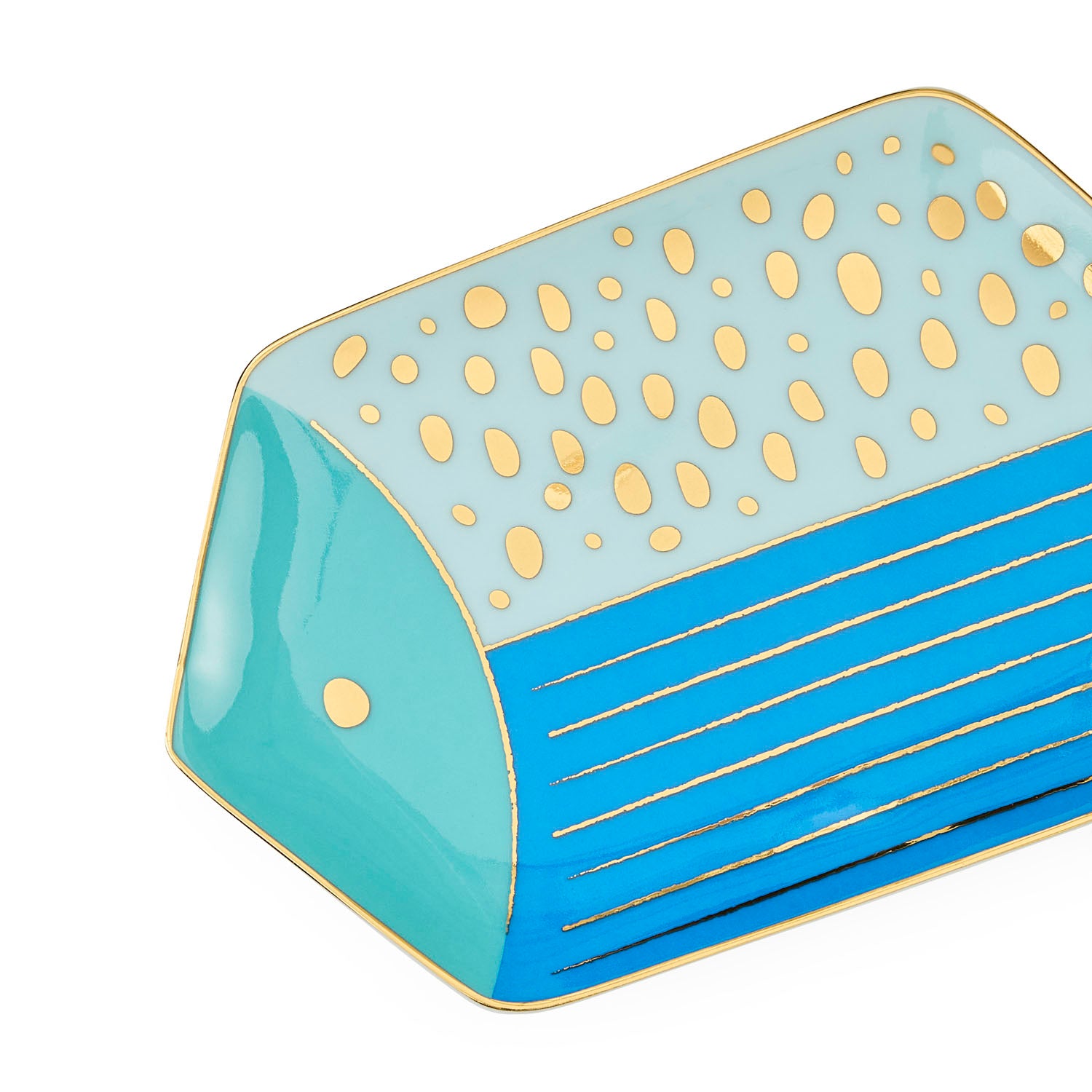 Jonathan Adler Side view of the School of Fish square tray in blue and gold porcelain
