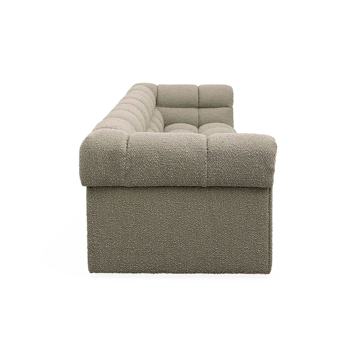 Jonathan Adler The Soho sofa in warm grey boucle with tailored Chesterfield tufting styled in a room