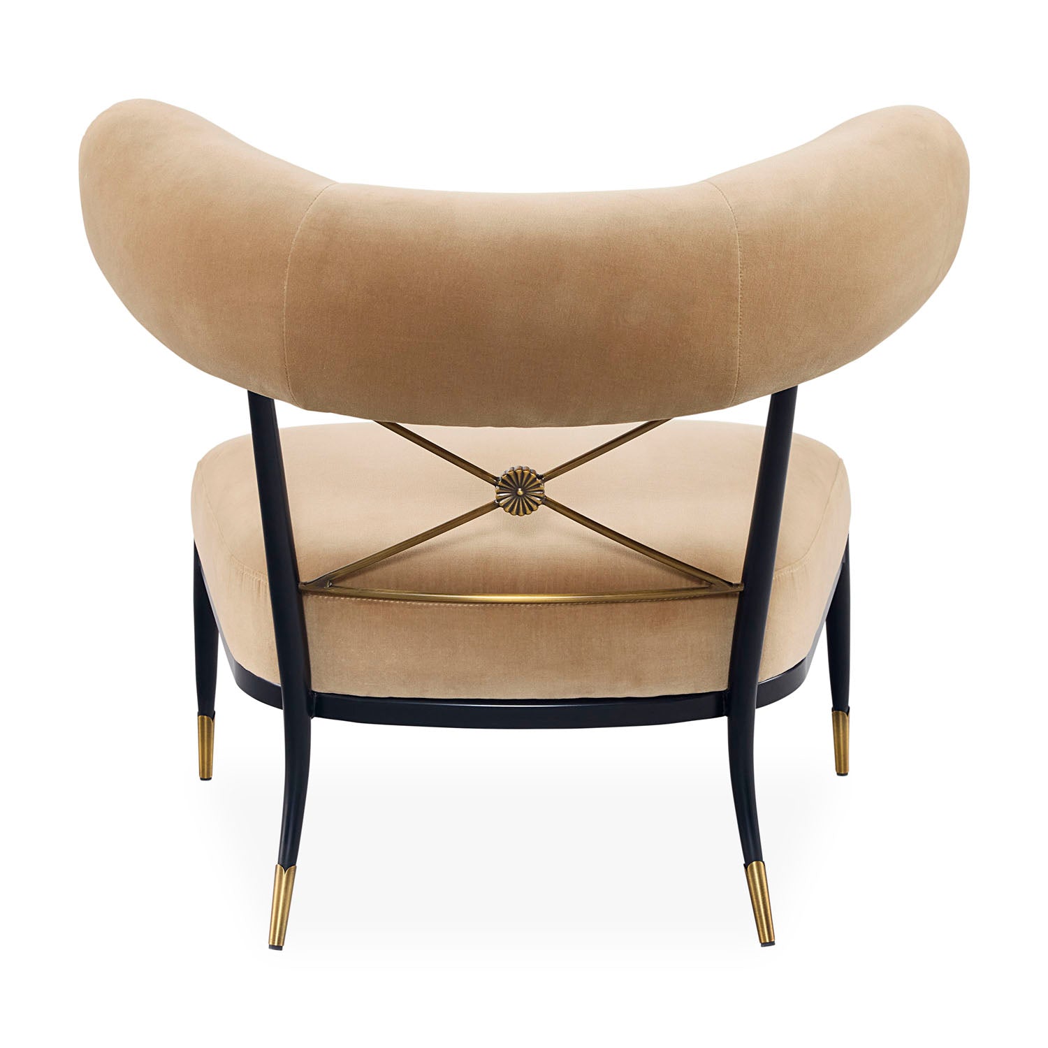 Jonathan Adler The Rider Klismos chair in camel velvet with blackened metal frame shown to scale