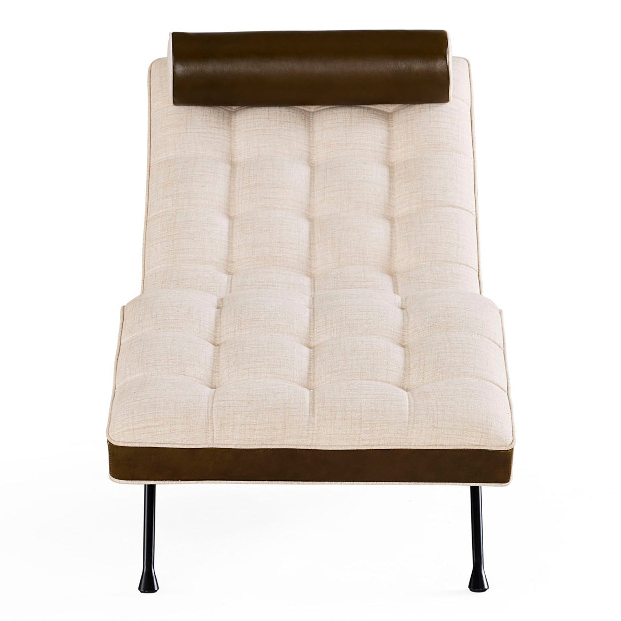 Jonathan Adler Belmondo Chaise in tufted oatmeal linen with olive leather styled in a room