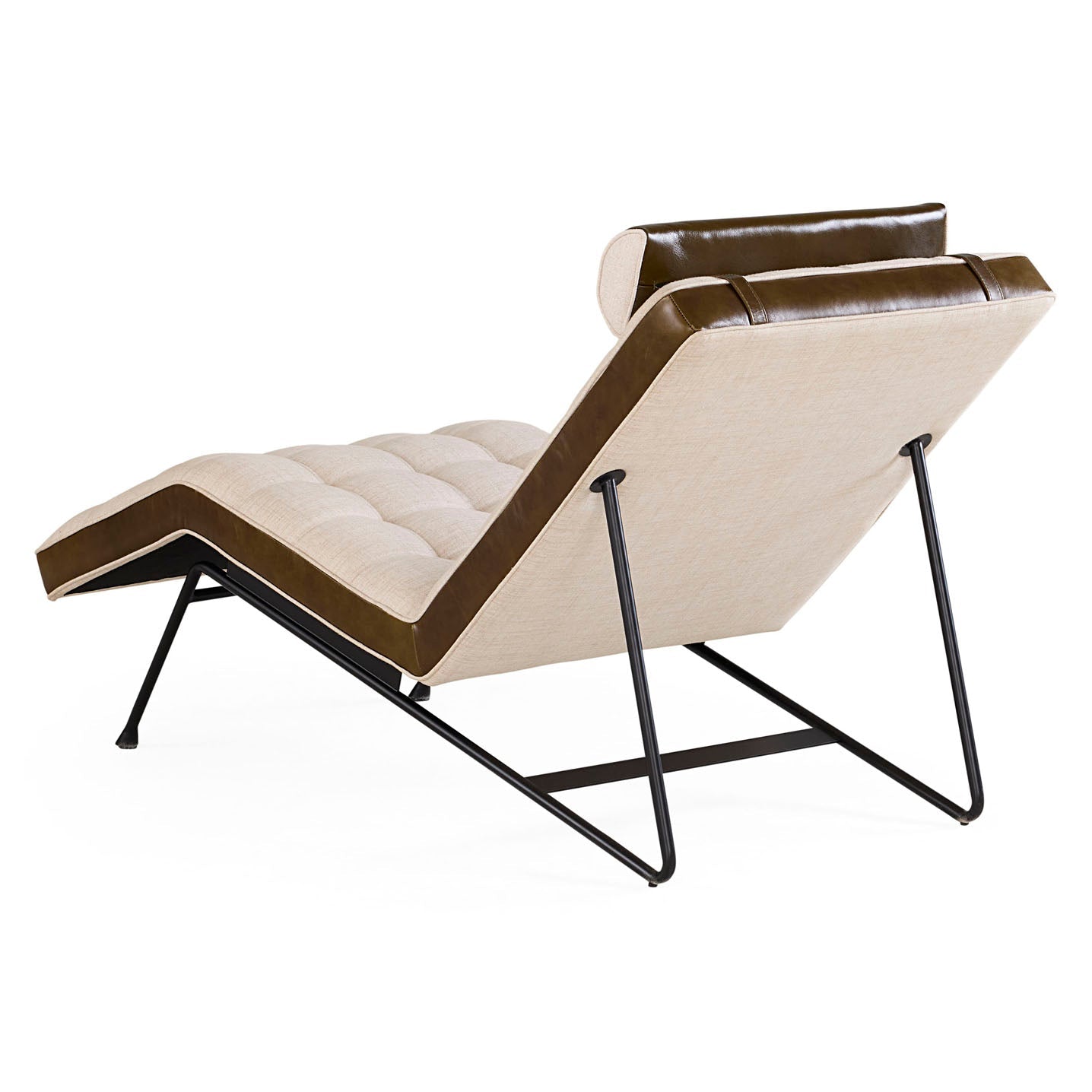 Side profile of Jonathan Adler Belmondo Chaise in tufted oatmeal linen with olive leather