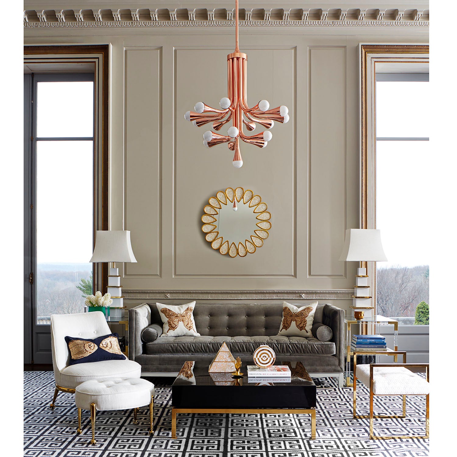Jonathan Adler Pagoda ivory lamp, close-up of honed brass accents