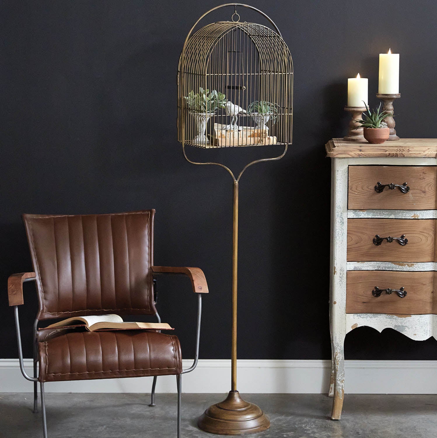 Antique Brass Birdcage with Stand Paynes Gray