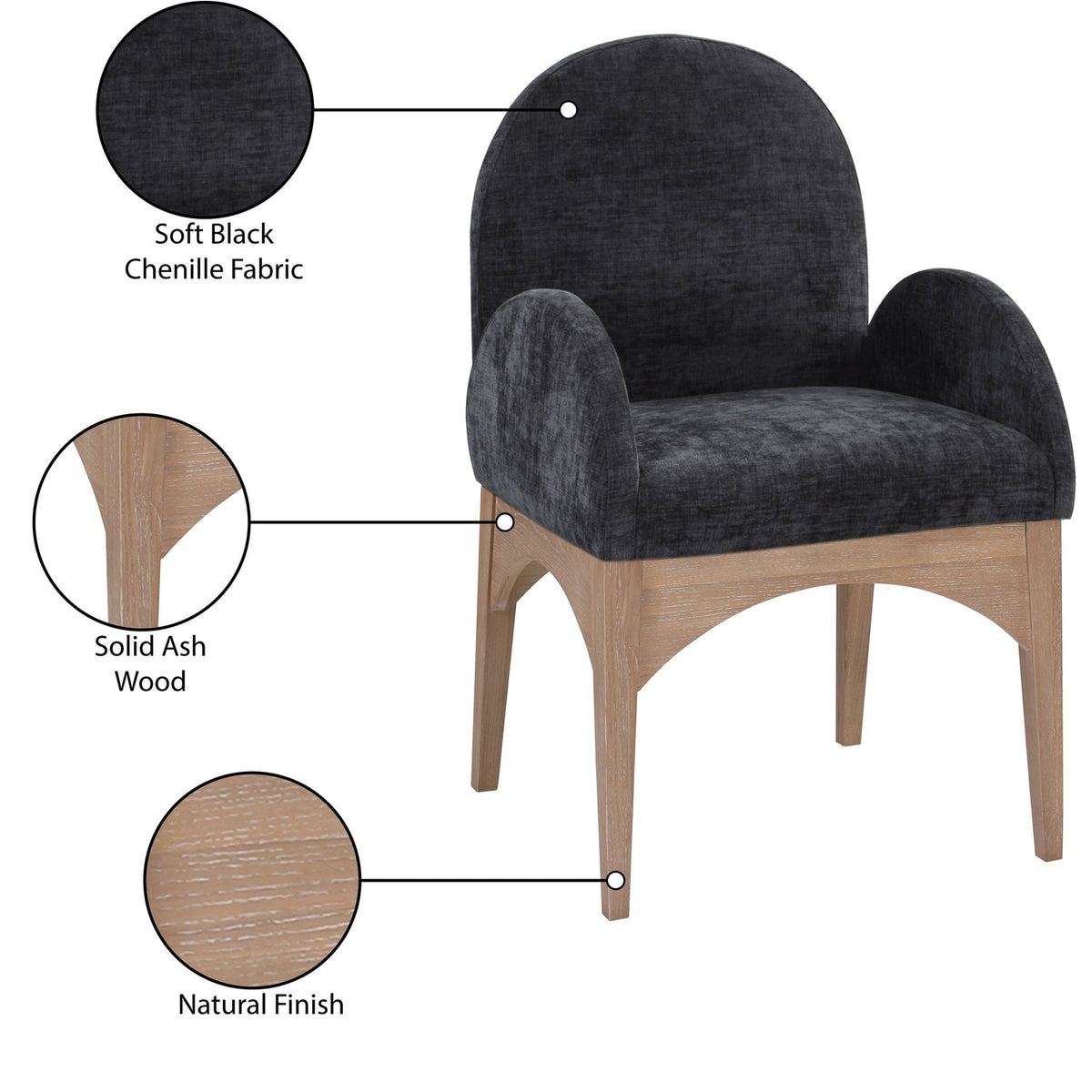 Waldorf Black Chenille Fabric Upholstered Dining Arm Chair Set of 2