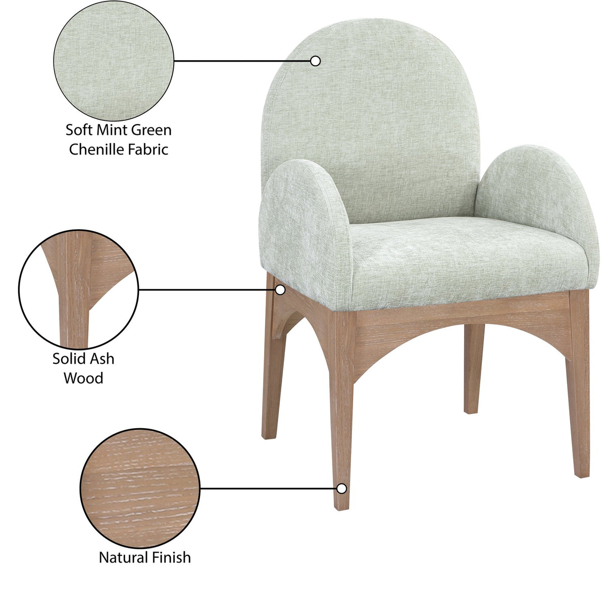 Waldorf Mint Chenille Fabric Upholstered Dining Arm Chair Set of 2