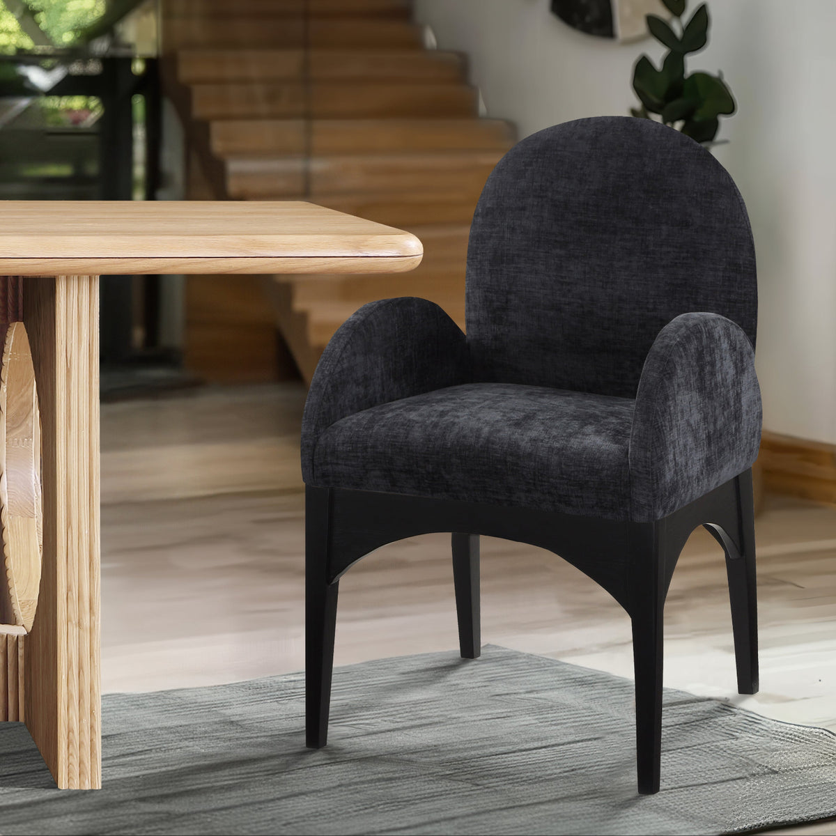 Waldorf Black Chenille Fabric Upholstered Dining Arm Chair Set of 2
