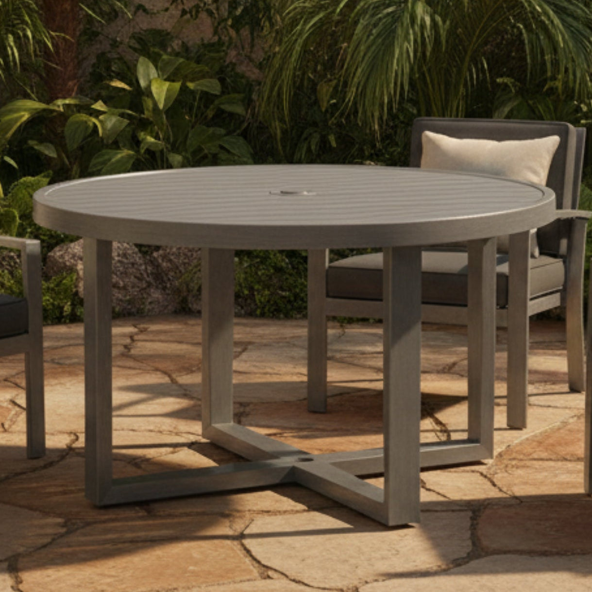 Sunset West Redondo 50in Round Outdoor Dining Table aluminum dining table, front view
