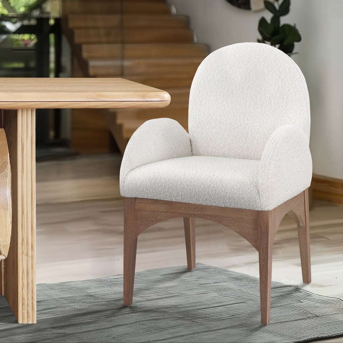 Waldorf Cream Boucle Fabric Upholstered Dining Arm Chair Set of 2