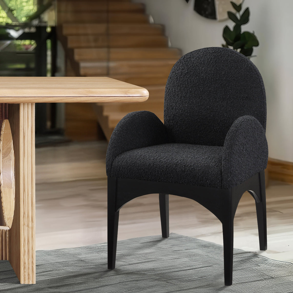 Waldorf Black Boucle Fabric Upholstered Dining Arm Chair Set of 2