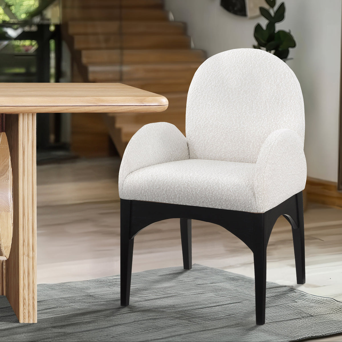 Waldorf Cream Boucle Fabric Upholstered Dining Arm Chair Set of 2