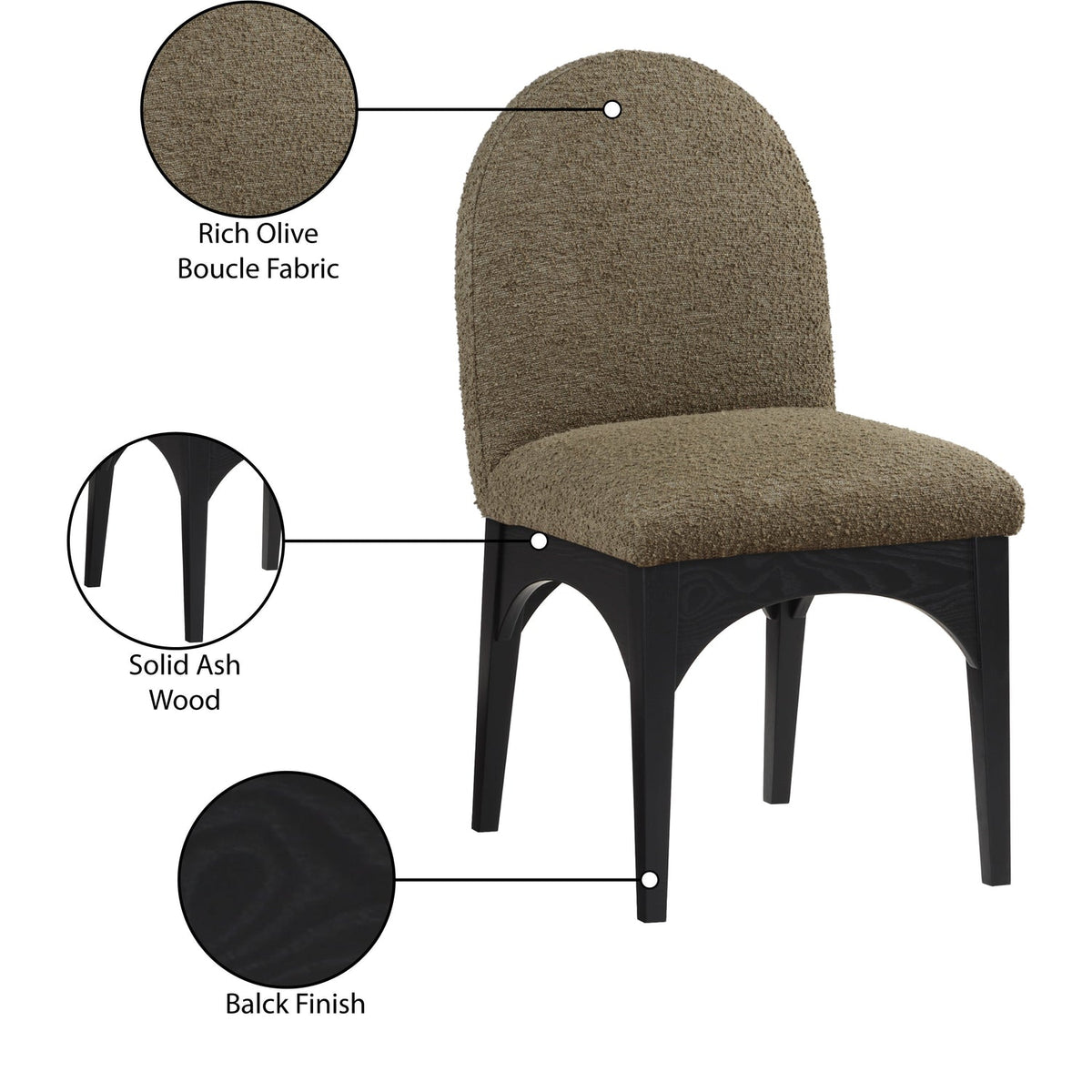 Waldorf Olive Boucle Fabric Upholstered Dining Side Chair Set of 2