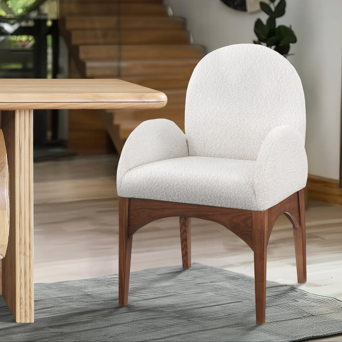 Waldorf Cream Boucle Fabric Upholstered Dining Arm Chair Set of 2