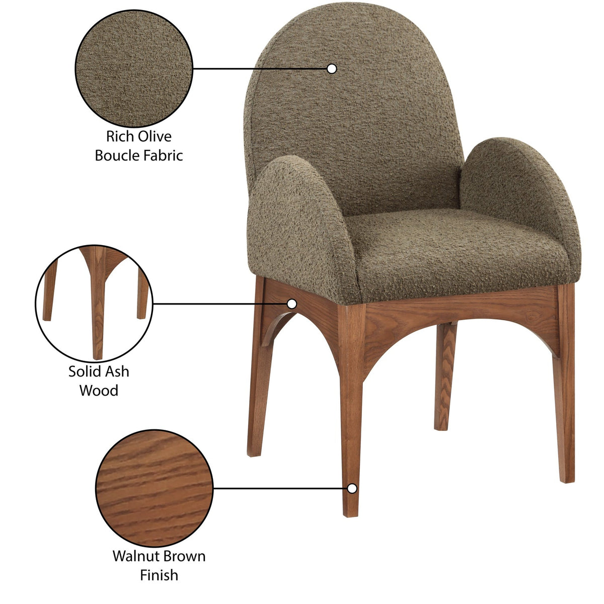 Waldorf Olive Boucle Fabric Upholstered Dining Arm Chair Set of 2