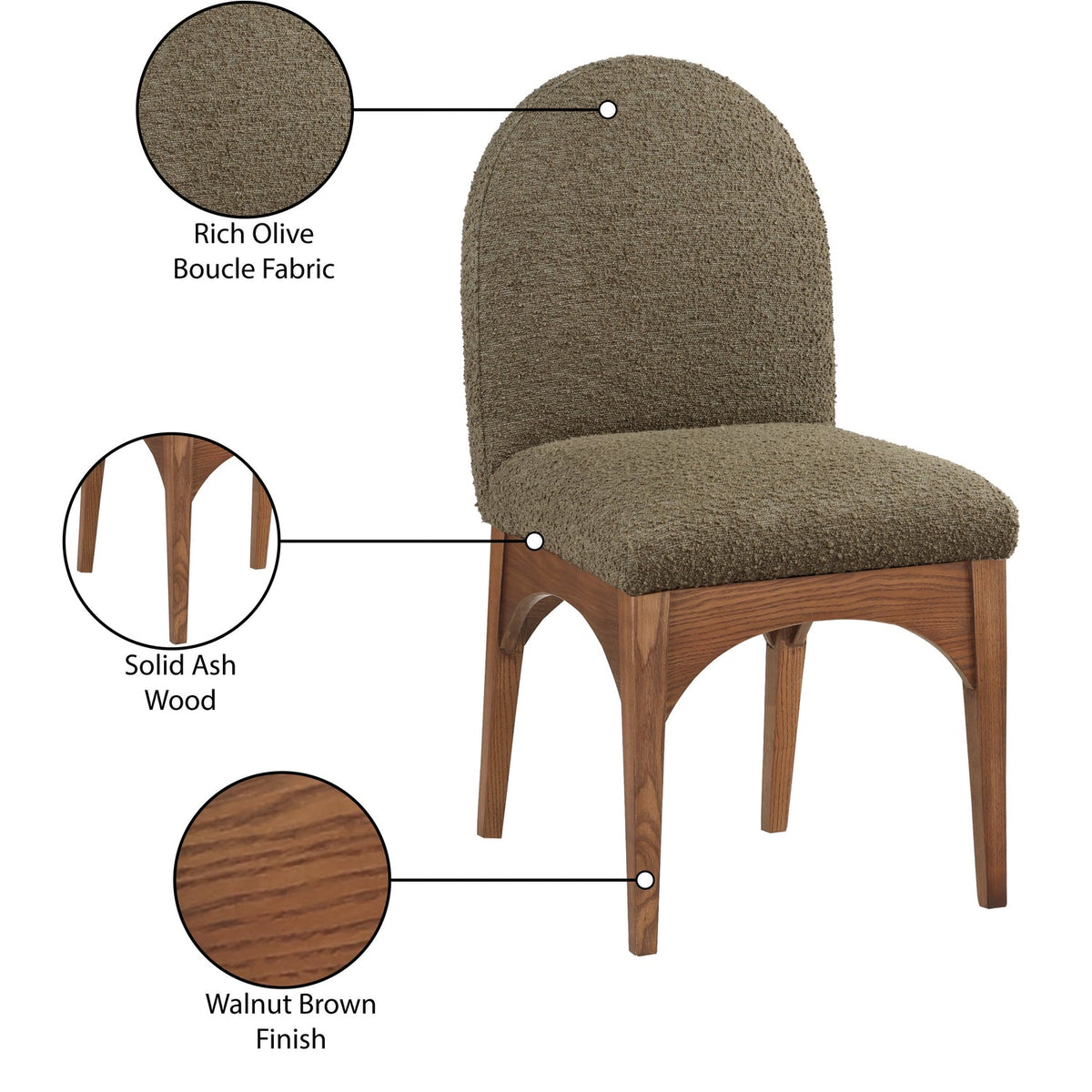 Waldorf Olive Boucle Fabric Upholstered Dining Side Chair Set of 2