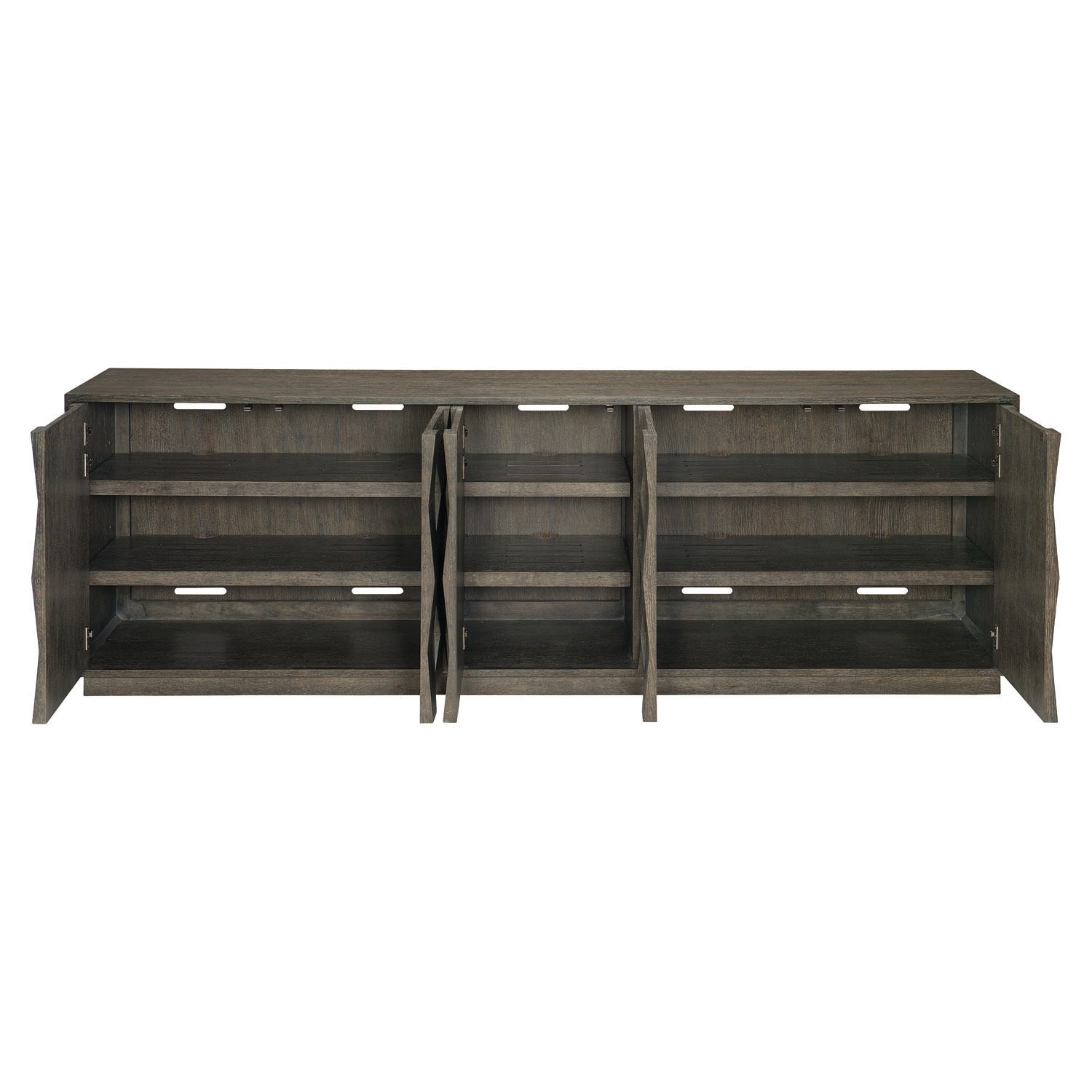 Bernhardt Linea Cerused Charcoal Entertainment Console in Cerused Charcoal finish, side profile.