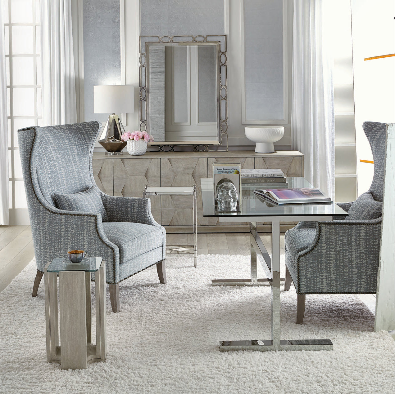 Bernhardt Linea Cerused Greige Entertainment Console in Cerused Greige finish, styled in a room.