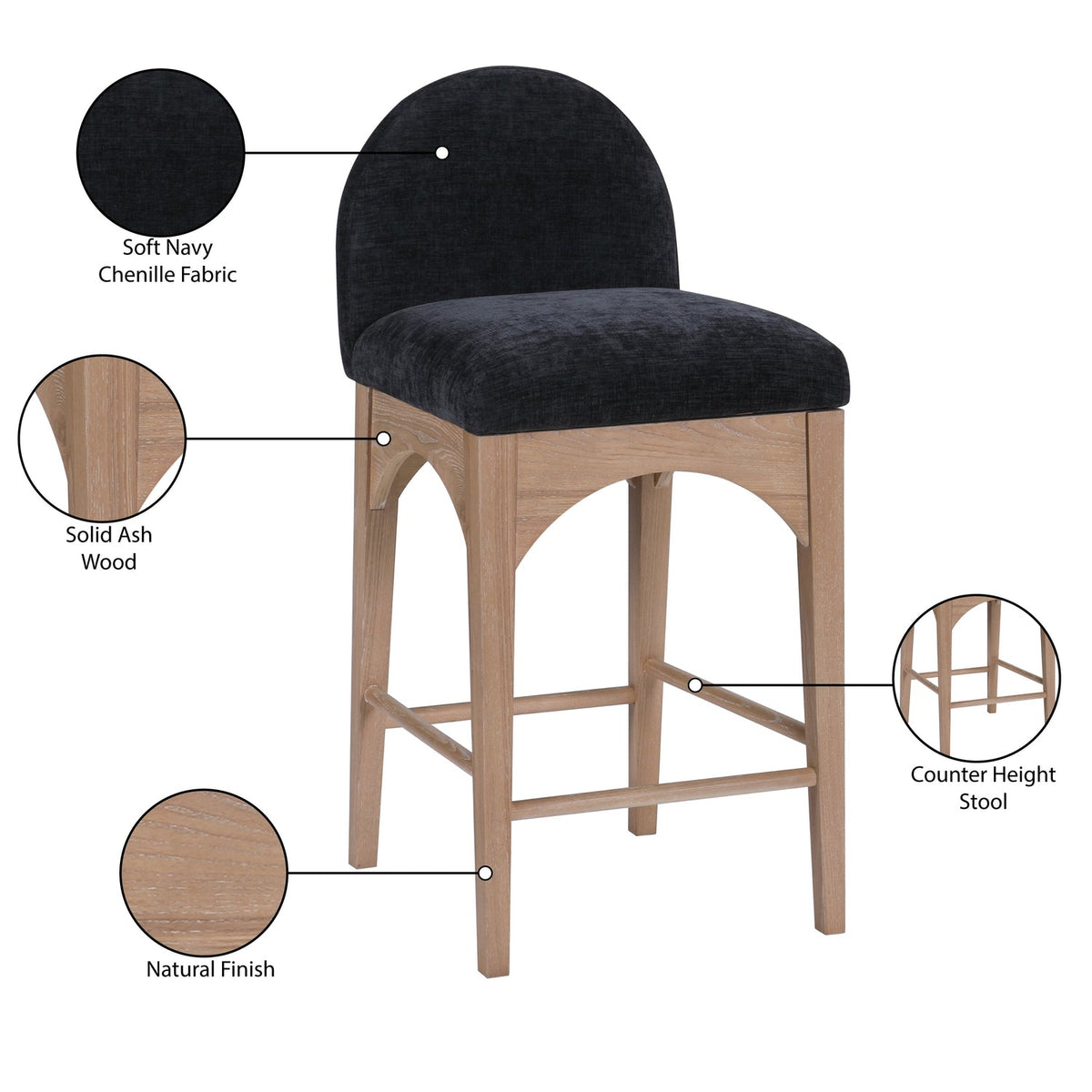 Waldorf Black Chenille Fabric Upholstered Counter Stool Set of 2