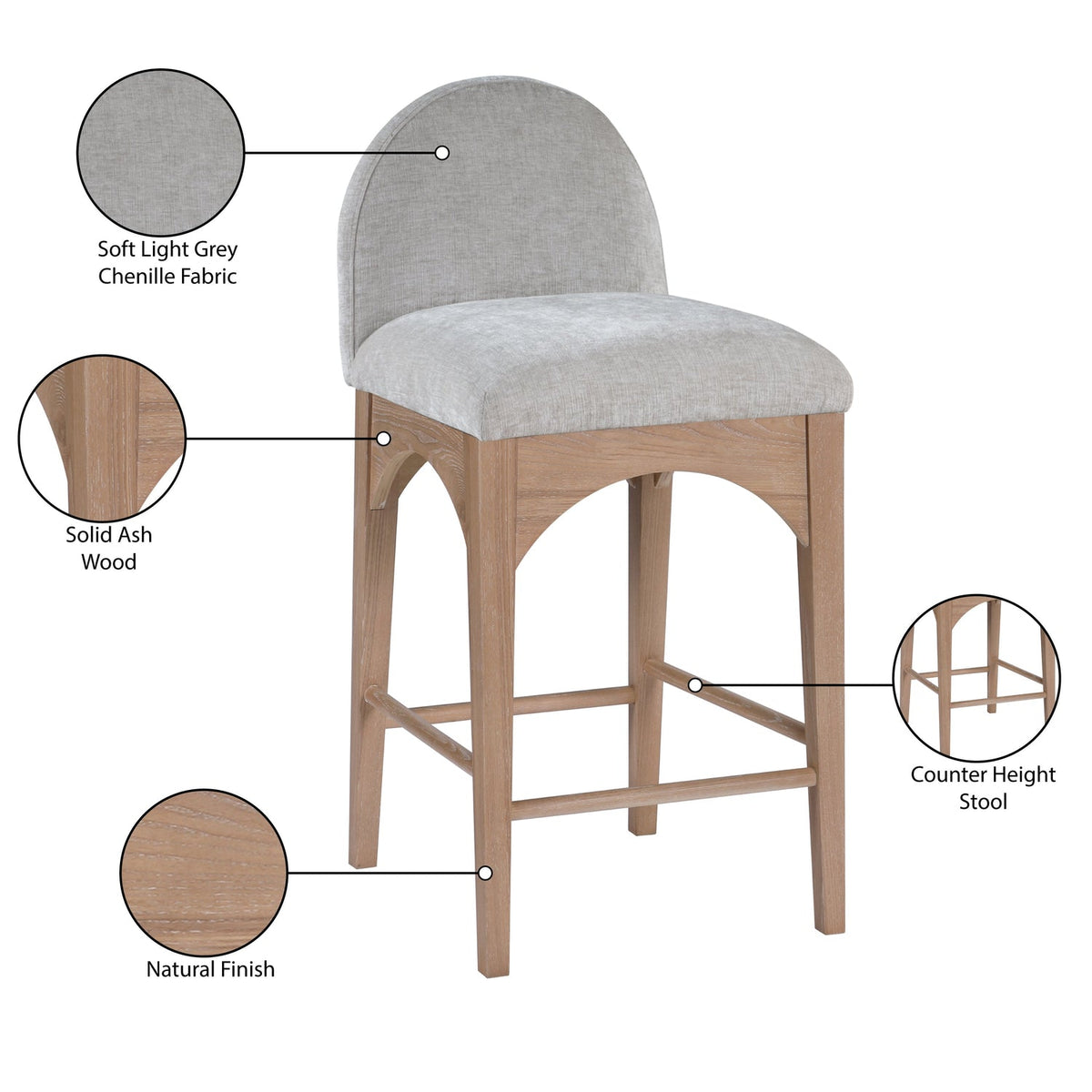 Waldorf Grey Chenille Fabric Upholstered Counter Stool Set of 2