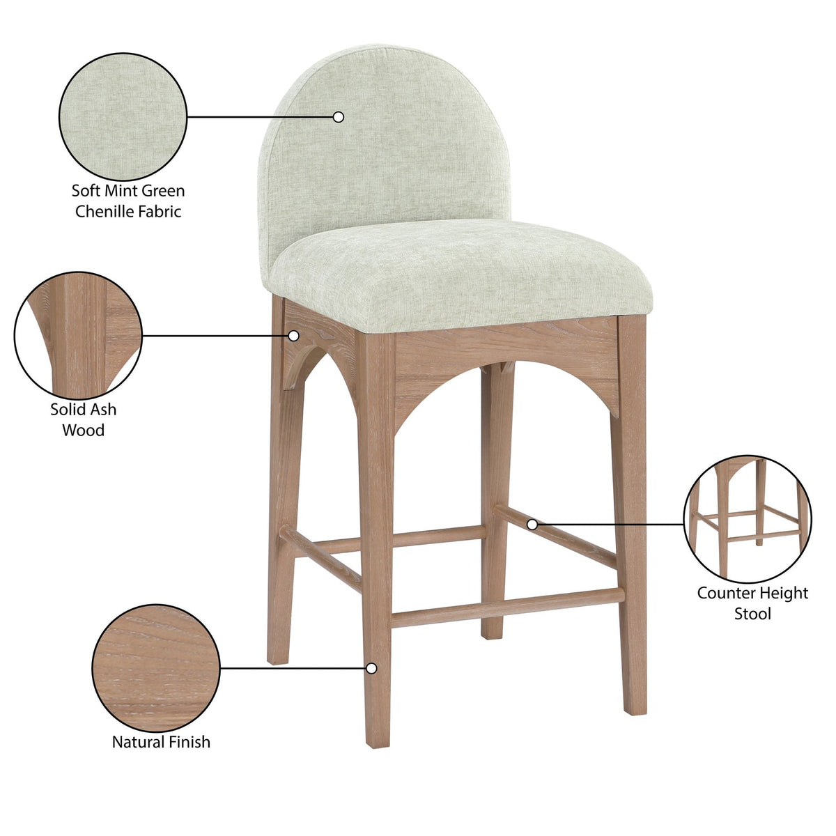 Waldorf Mint Chenille Fabric Upholstered Counter Stool Set of 2