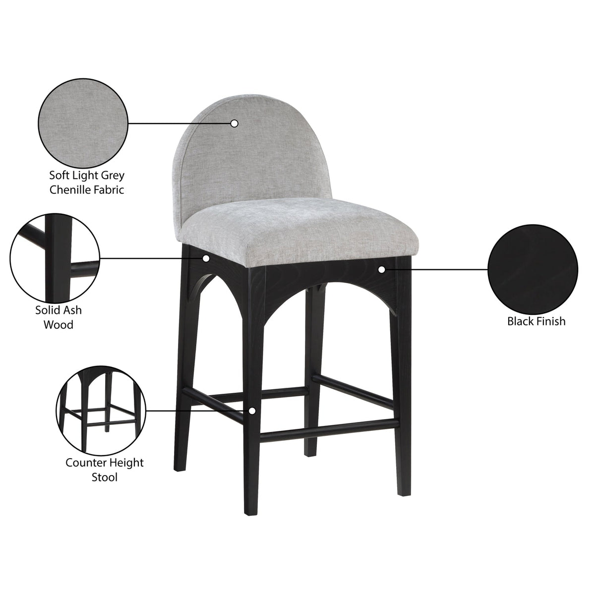 Waldorf Grey Chenille Fabric Upholstered Counter Stool Set of 2