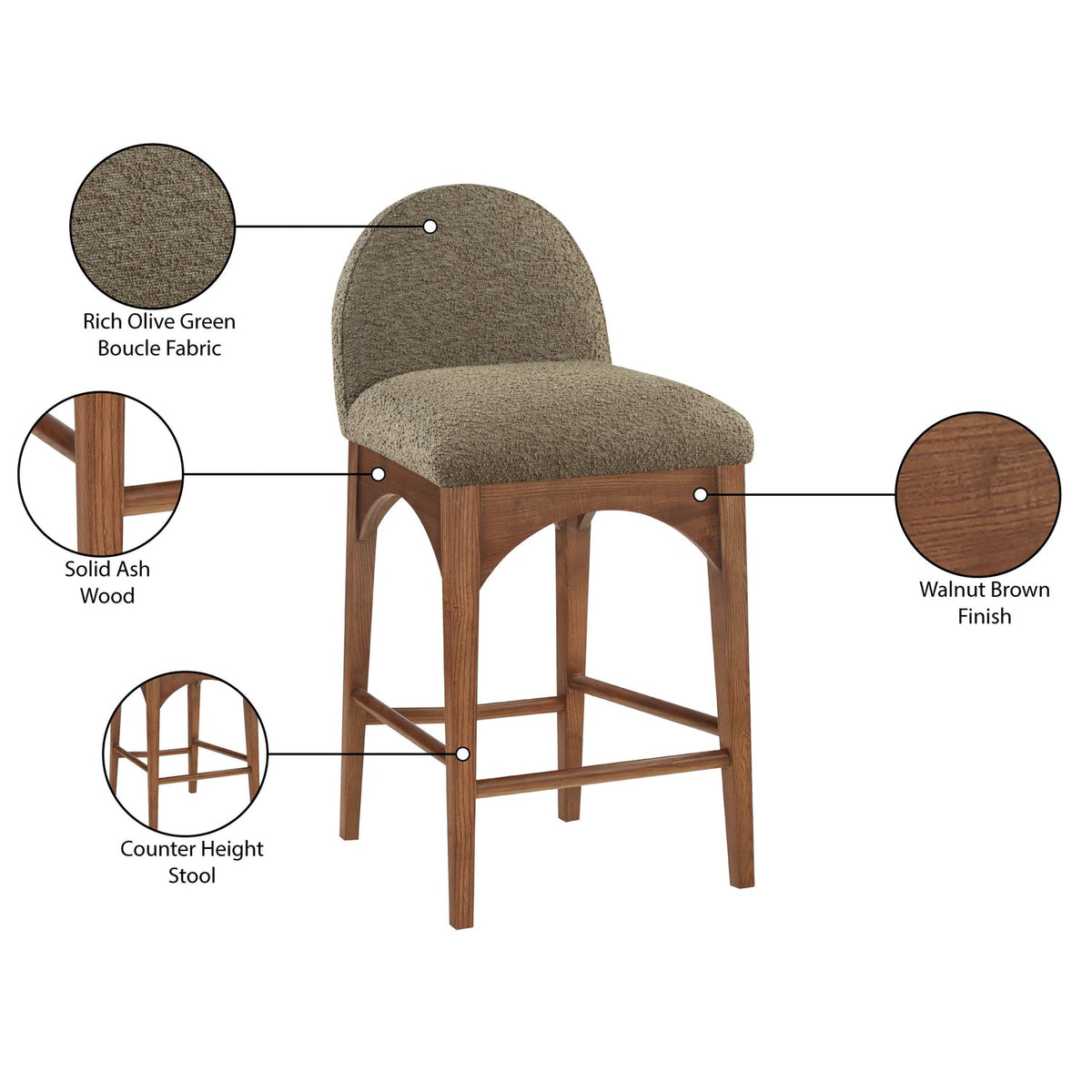 Waldorf Olive Boucle Fabric Upholstered Counter Stool Set of 2
