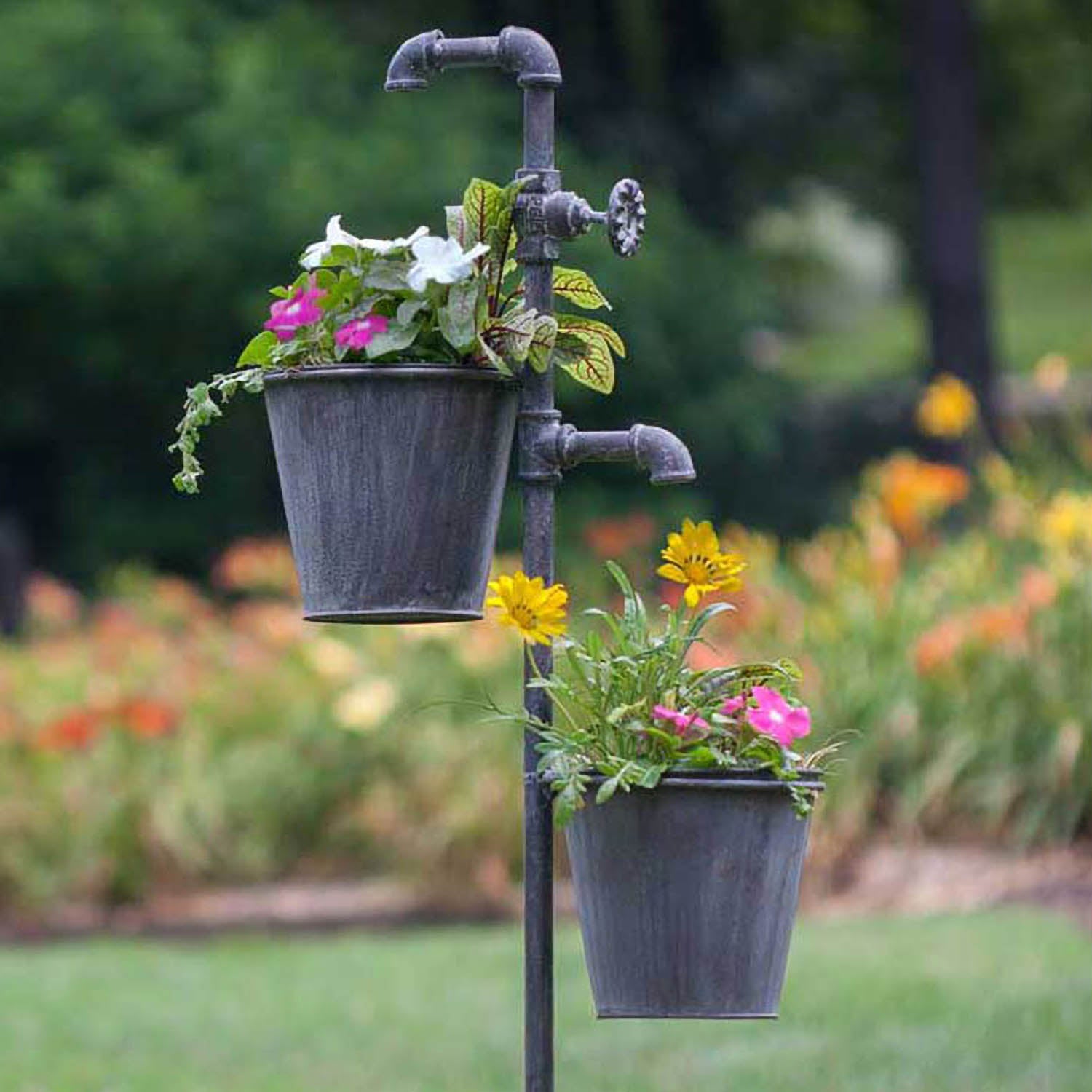 Faucet Garden Stake with Two Planters Paynes Gray
