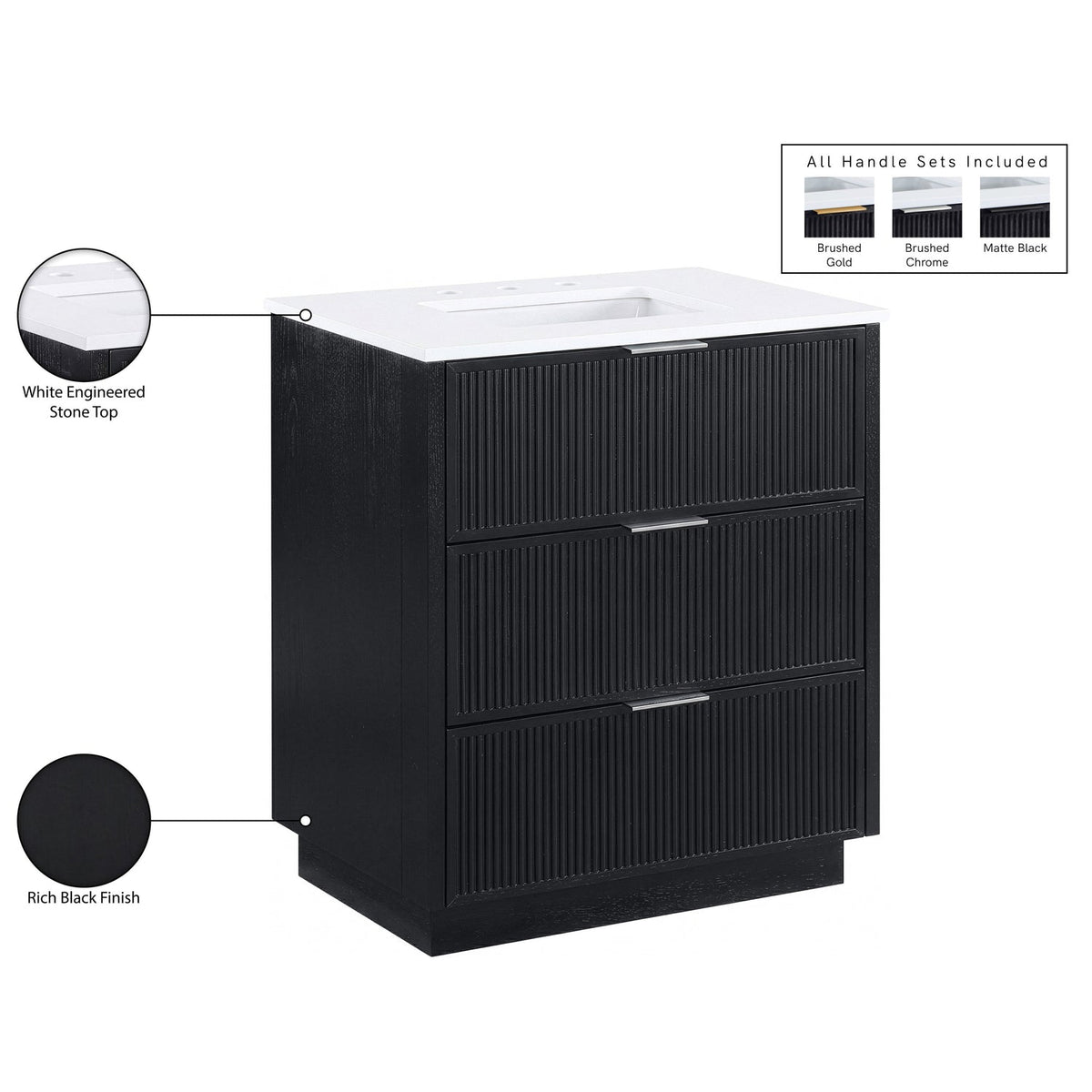 Willard 30in Black Engineered Stone And Solid Wood Bathroom Vanity