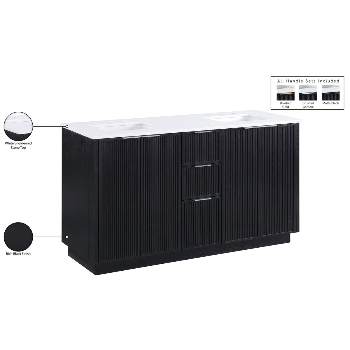 Willard 60in Black Engineered Stone And Solid Wood Bathroom Vanity