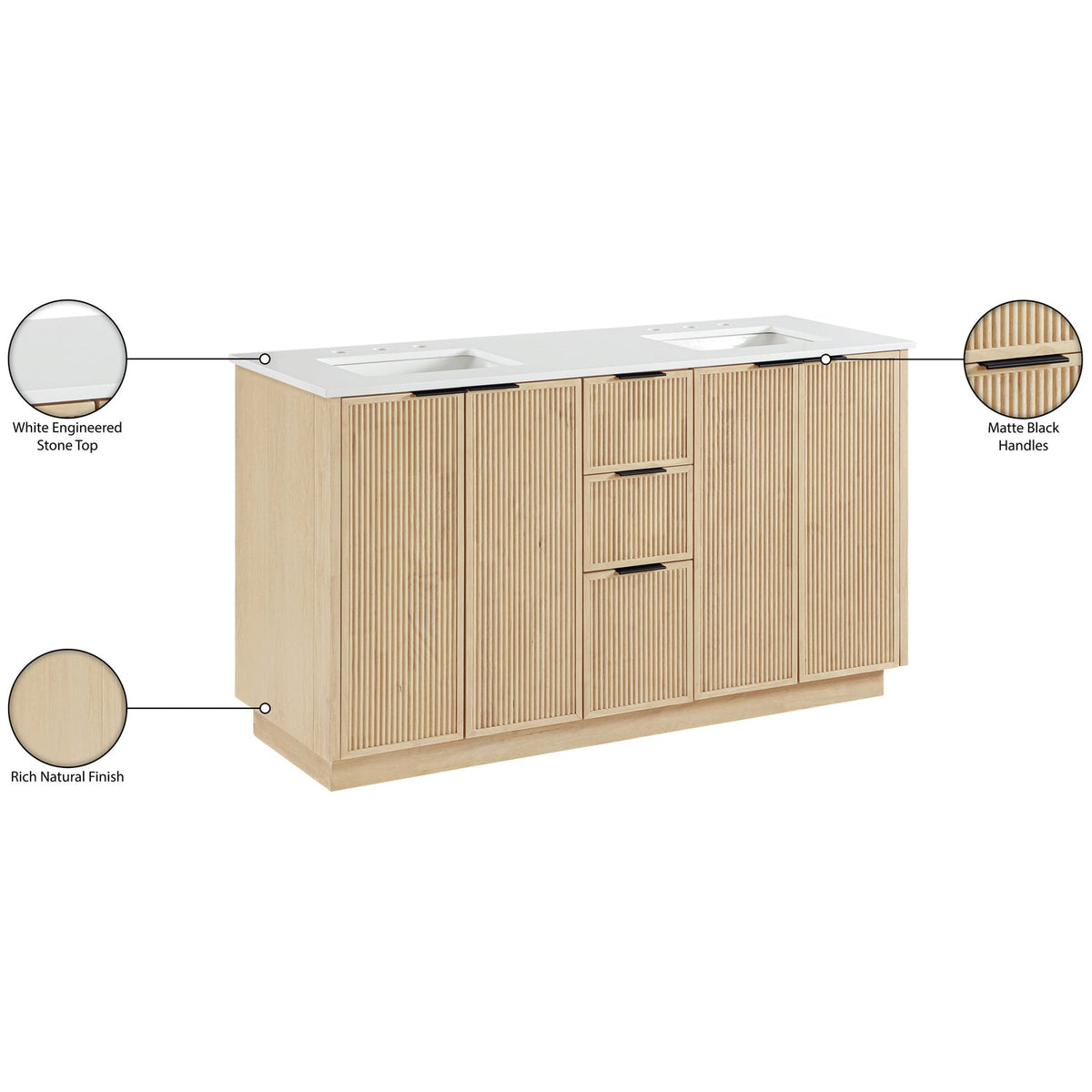 Willard 60in Natural Engineered Stone And Solid Wood Bathroom Vanity