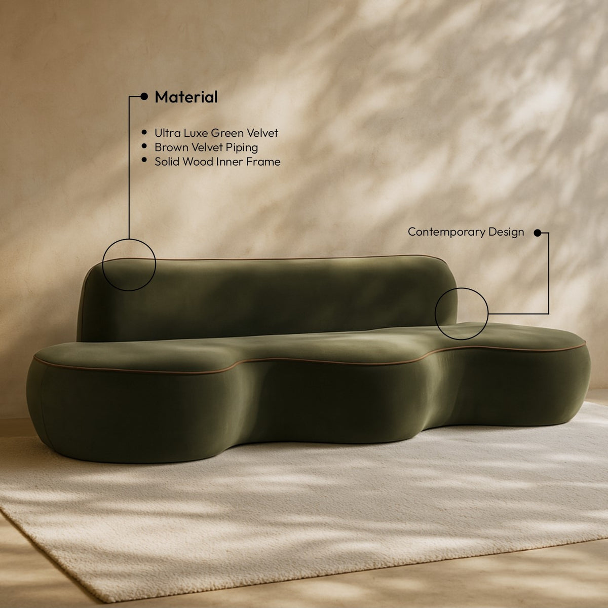 Swerve 10 0in Green Velvet Upholstered Sofa