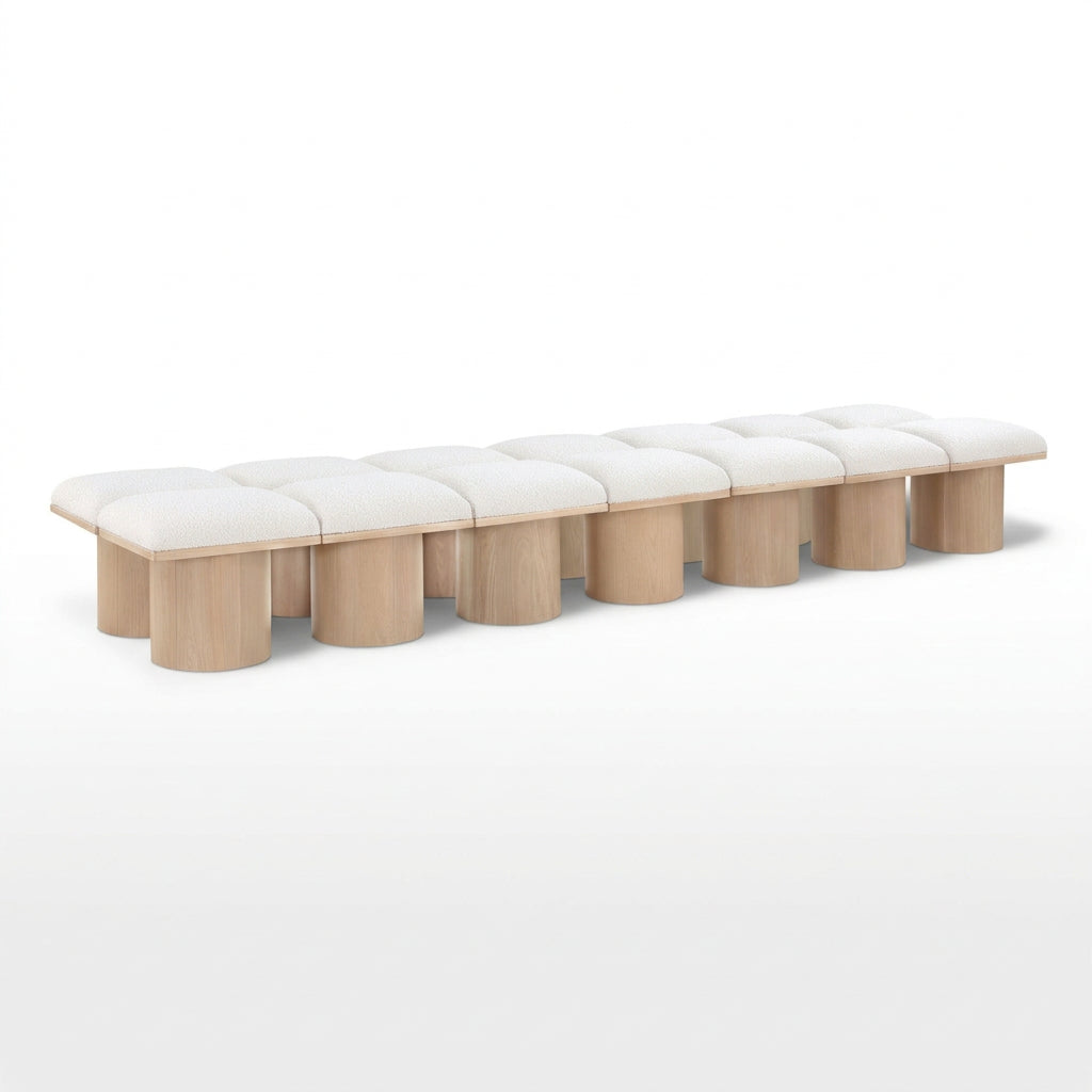 Pavilion Cream Boucle Fabric Upholstered 14pc. Modular Bench in cream boucle and oak veneer, primary product view