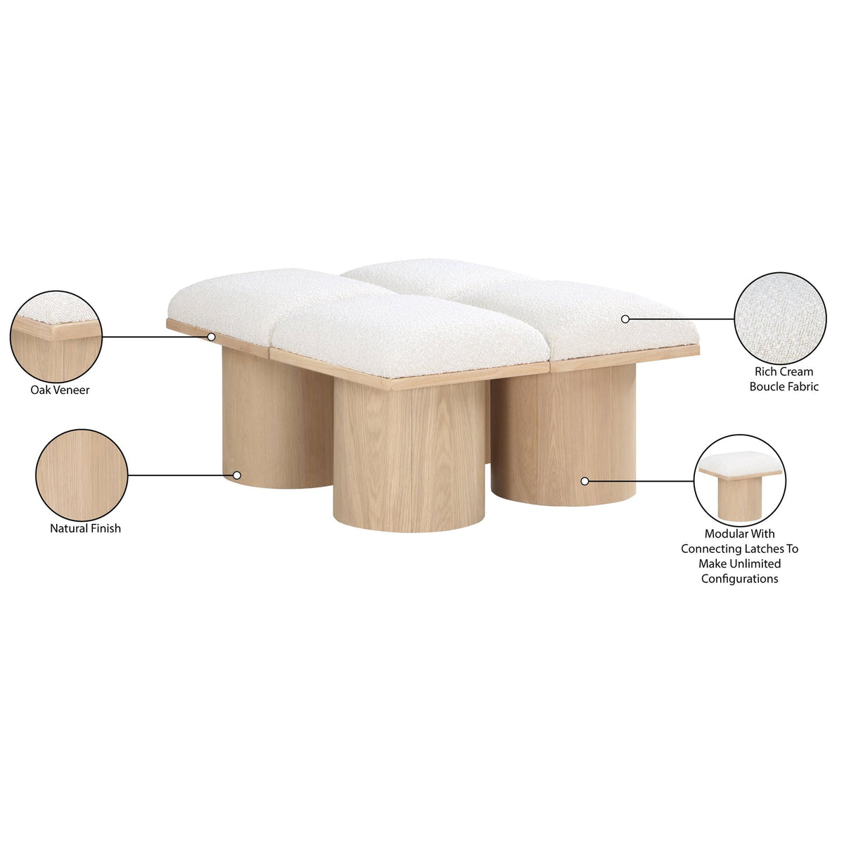 Pavilion Cream Boucle Fabric Upholstered 4 Piece Modular Bench