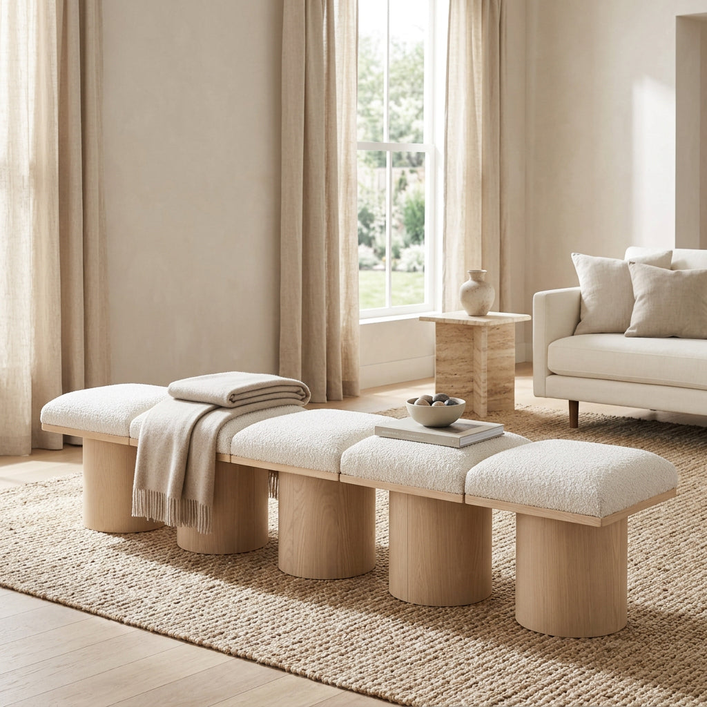 Pavilion Cream Boucle Fabric Upholstered 5 Piece Modular Bench