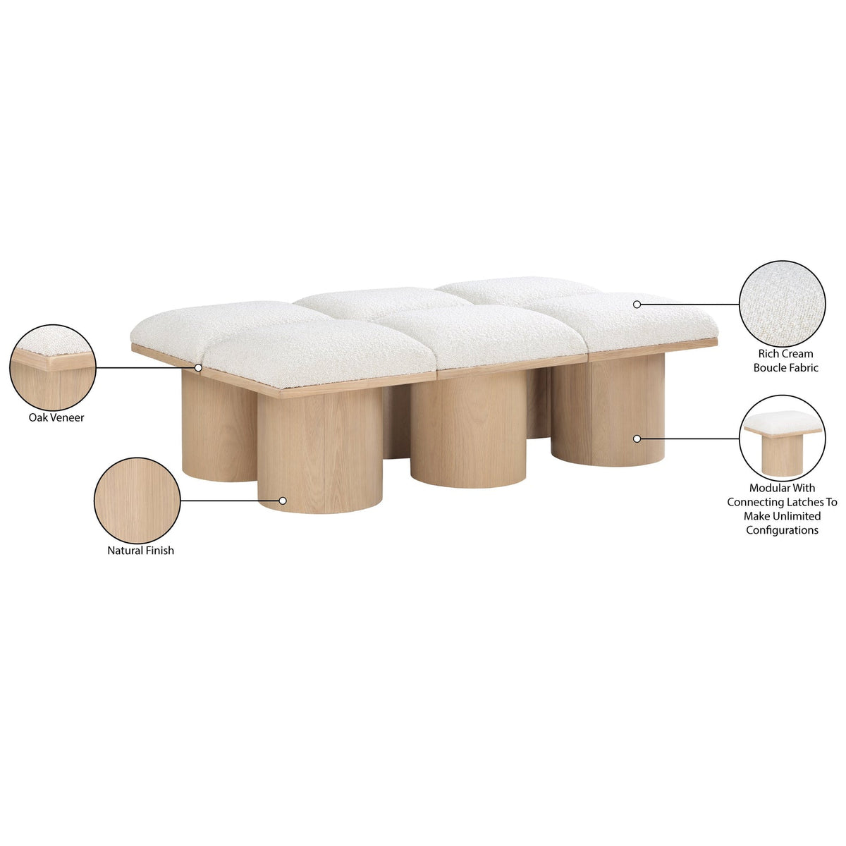 Pavilion Cream Boucle Fabric Upholstered 6 Piece Modular Bench