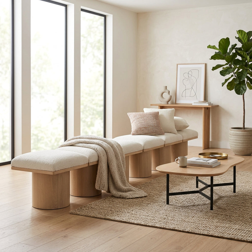 Pavilion Cream Boucle Fabric Upholstered 7 Piece Modular Bench