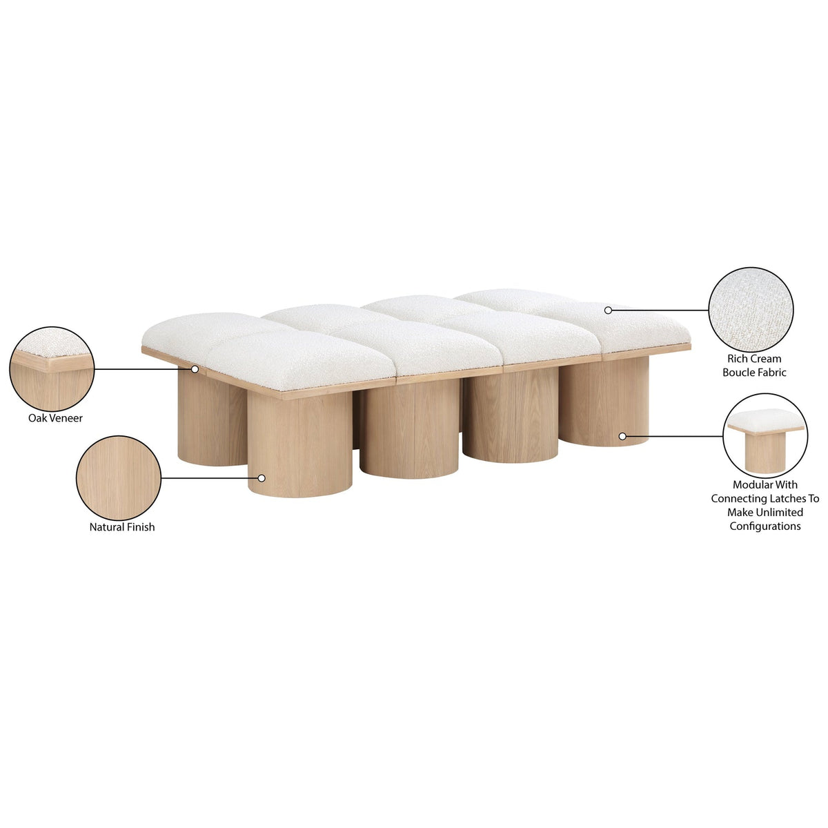 Pavilion Cream Boucle Fabric Upholstered 8 Piece Modular Bench