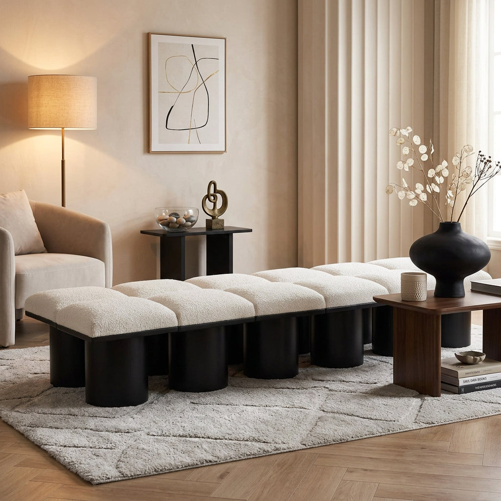 Pavilion Cream Boucle Fabric Upholstered 12 Piece Modular Bench